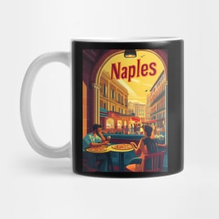 Two people savor delicious pizza at an outdoor cafe in Naples, surrounded by lively streets and beautiful buildings as the sun sets, Mug